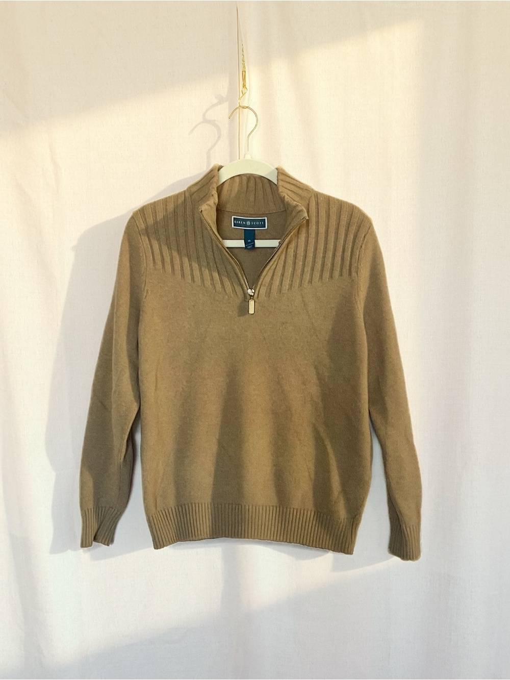 Karen Scott Camel Cotton Quarter Zip Sweater Size M – Good Condition 🤎